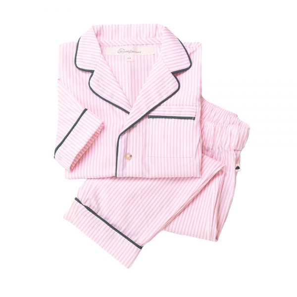 Pyjama chemise manches longues et pantalon - Douce popeline de coton -  Pyjama rayé rose et blanc